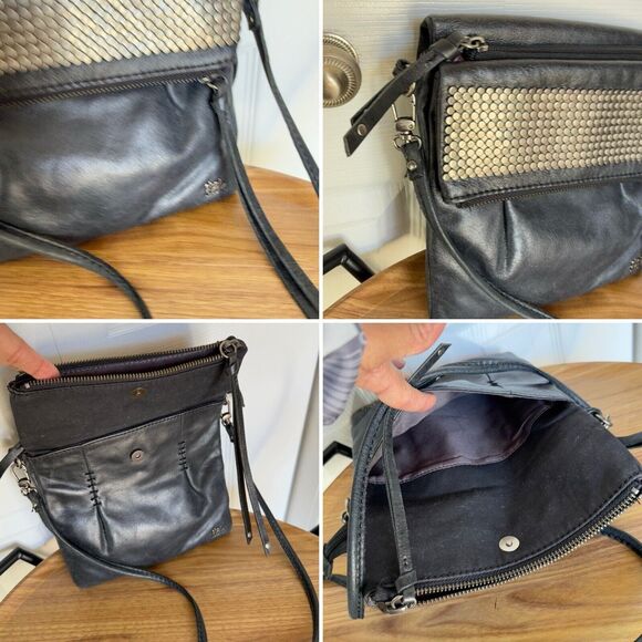 THE SAK Flap Small Messenger Black Leather Crossbody Handbag Boho Studded Biker - Picture 8 of 17